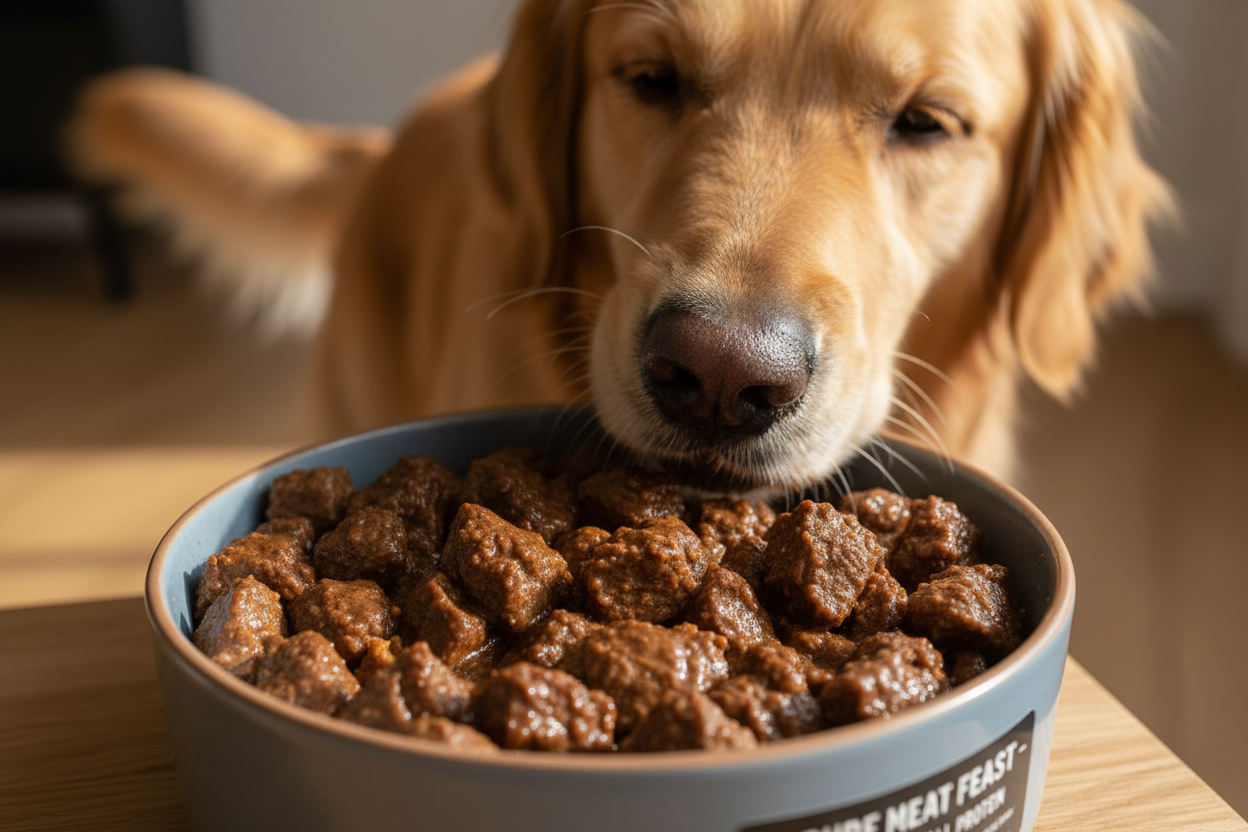 PERRO COMIENDO ALIMENTO HUMEDO EN TROCITOS SIN VEGETALES
